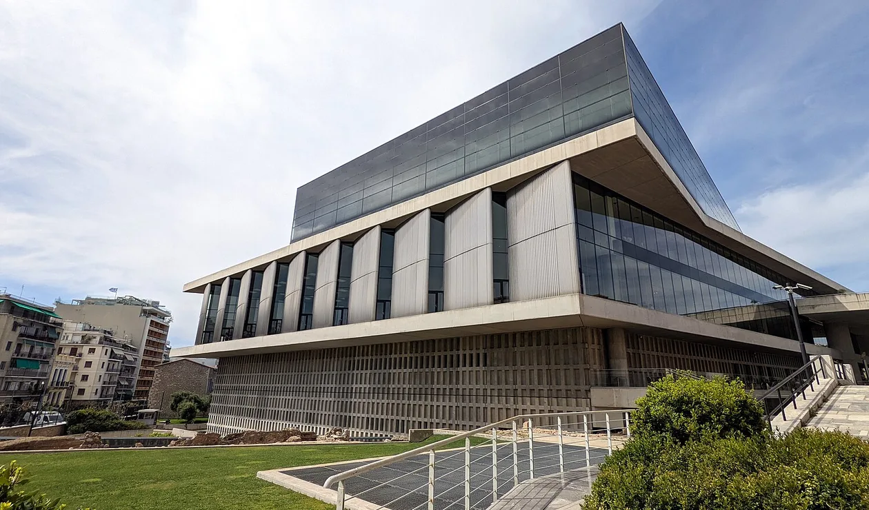 Acropolis Museum entrance with Parthenon visible above, Athens