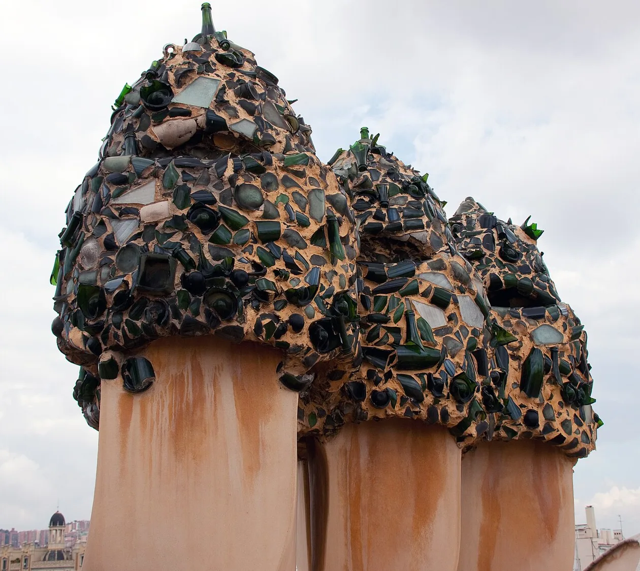Casa Milà rooftop chimneys capped with broken green bottle glass