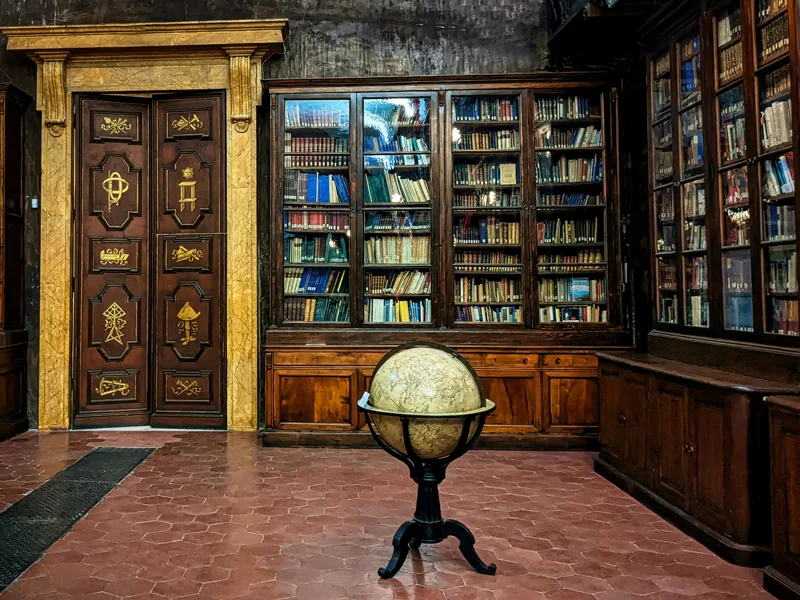 Two Seagram Murals studies by Mark Rothko, 1958, installed at the foot of Michelangelo's vestibule staircase in the Biblioteca Medicea Laurenziana, Florence