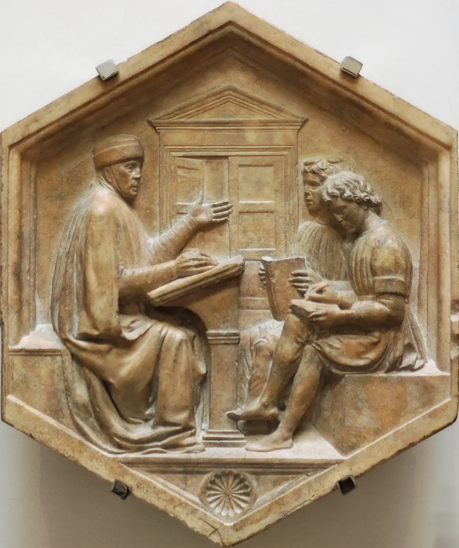 Luca della Robbia's hexagonal panel of Grammar, Priscian teaching two pupils at a lectern, 1437–1439, original from Giotto's Bell Tower in the Opera del Duomo Museum