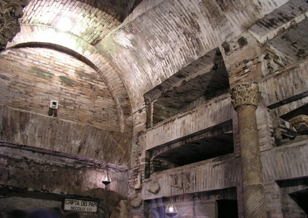 The Crypt of the Popes in the Catacombs of San Callisto, its brick vaults lined with burial niches