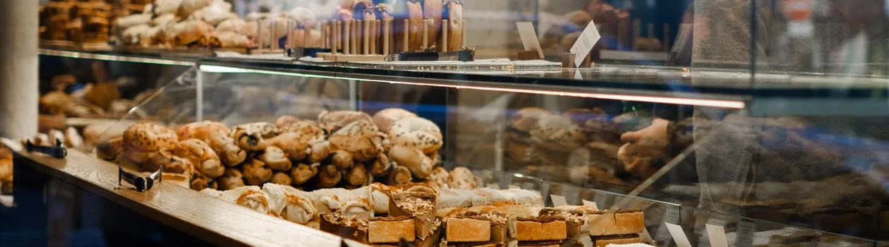 French bakery display of fresh breads and pastries in Paris