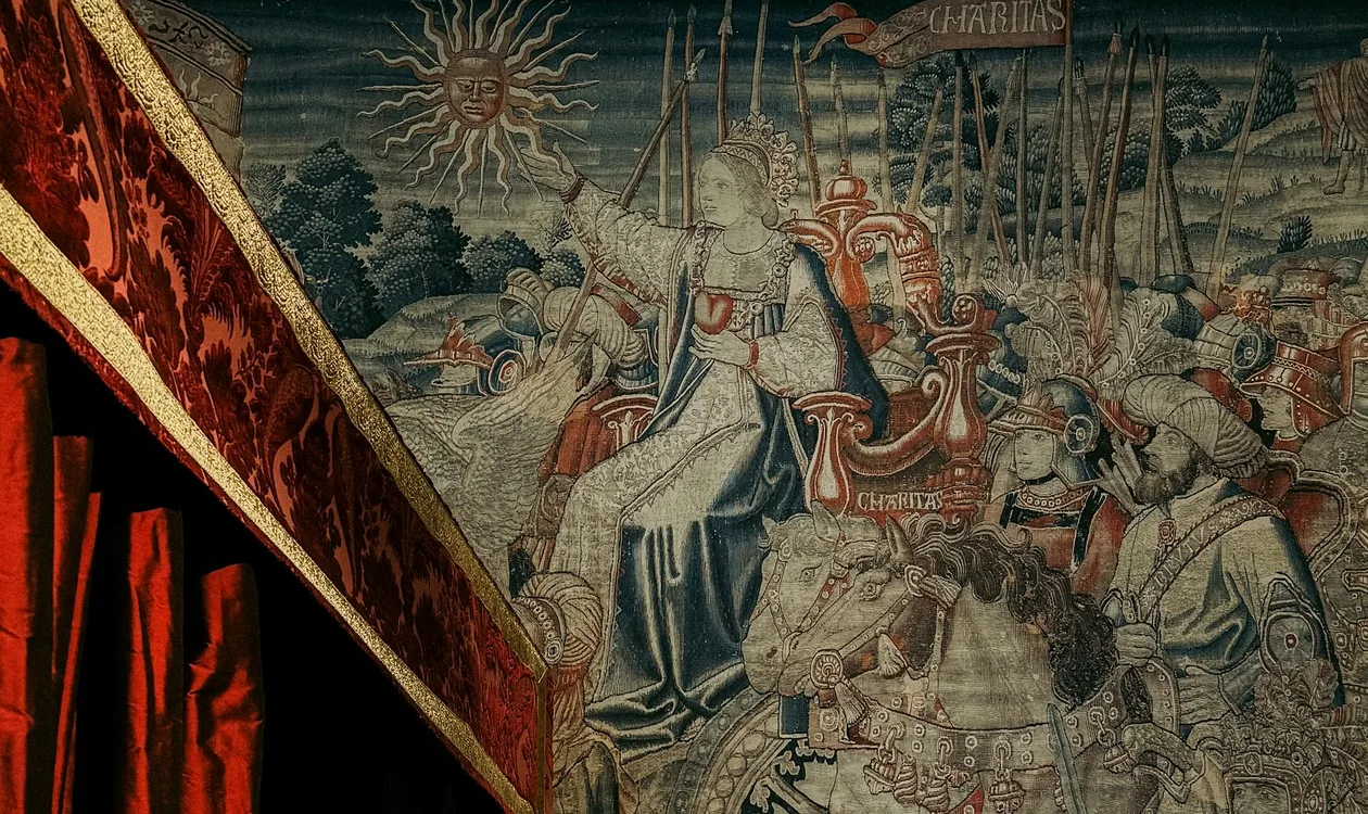 Detail of medieval embroidery and textile work evoking the craft of the Bayeux Tapestry