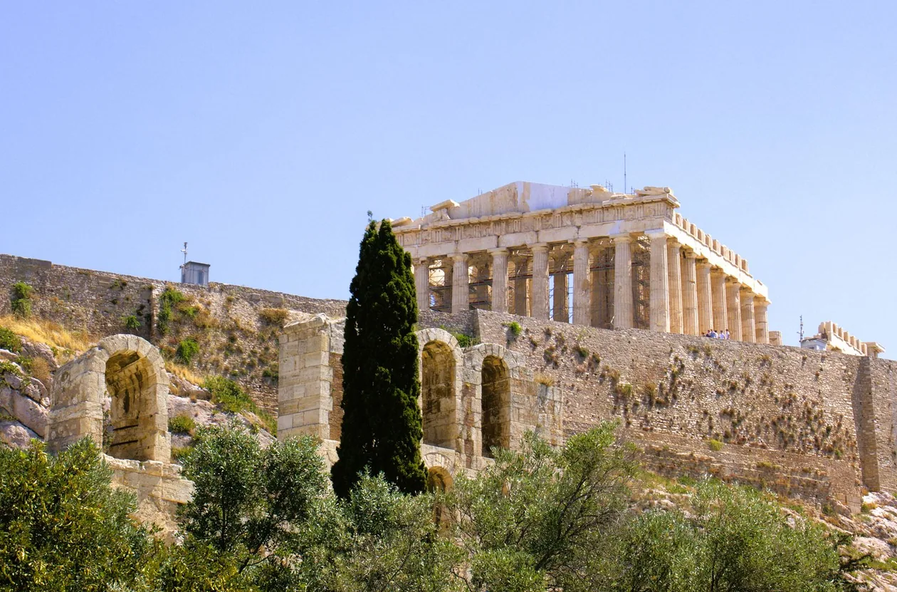 The Parthenon on the Acropolis seen from the south slope in Athens