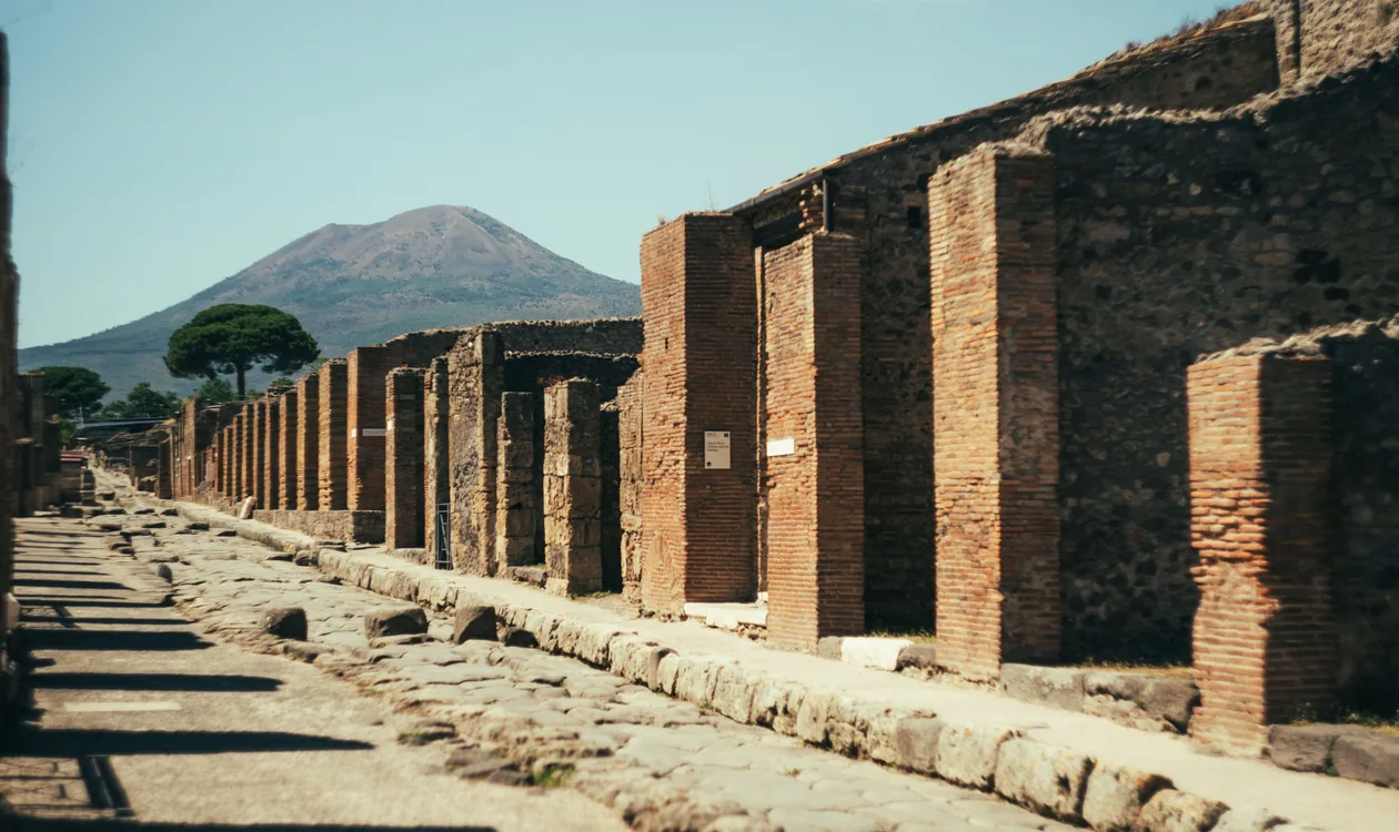 The Forum at Pompeii with Mount Vesuvius behind